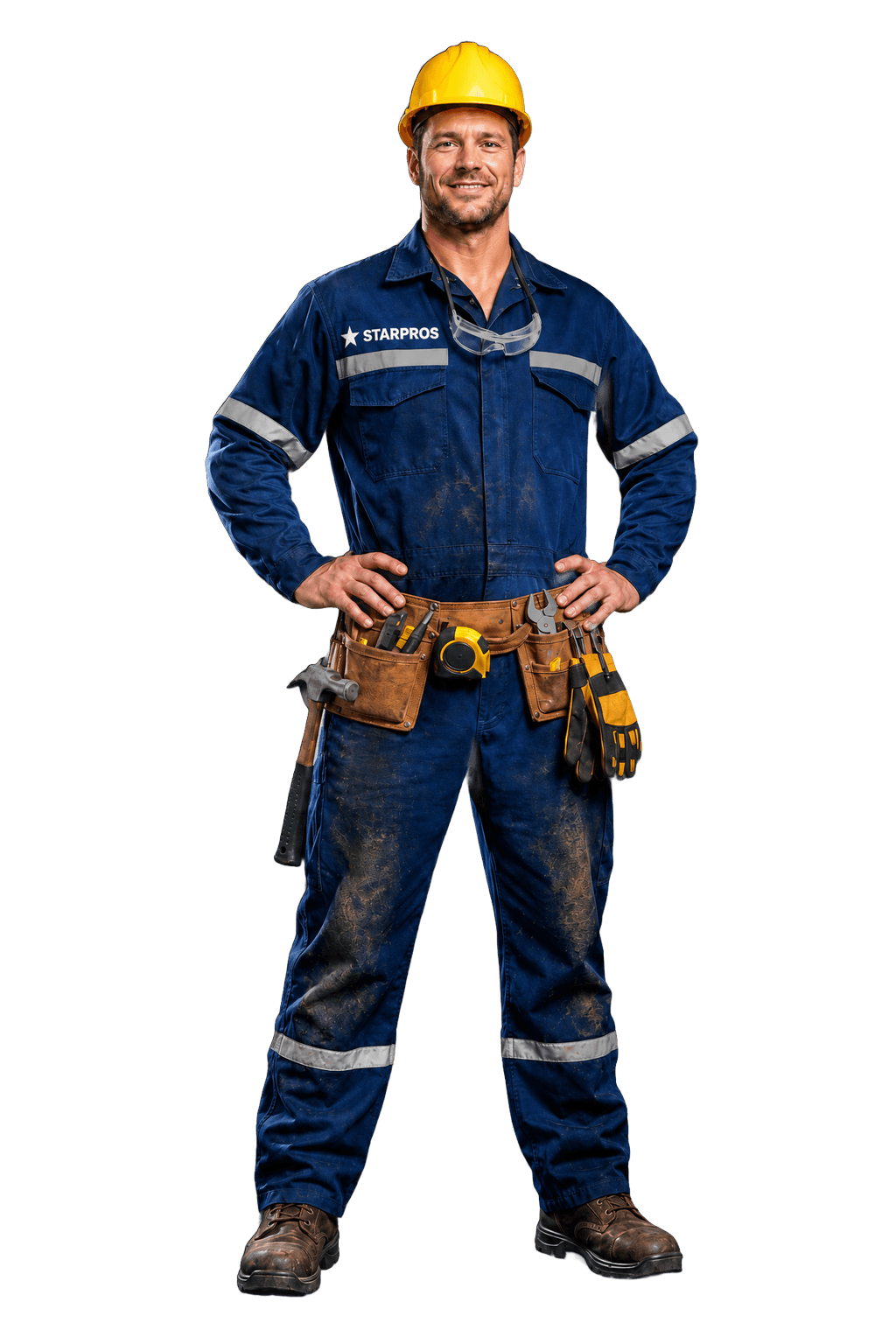 Starpros technician in a blue coverall, yellow hard hat and tool belt